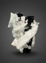 Load image into Gallery viewer, Blue Cap Dark Green Stak Nala Tourmaline With Pink Morganite on Cleavelandite Matrix – Haramosh Mountains, Pakistan
