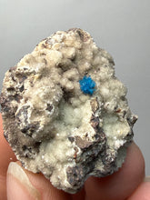 Load image into Gallery viewer, Rare Electric Blue Pentagonite on Druzy Matrix – Collector Mineral Specimen | India