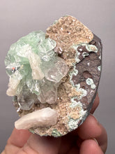 Load image into Gallery viewer, Light Mint Green Apophyllite & Stilbite on Pink & Green Heulandite — Deccan Traps, India