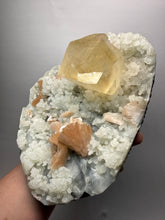 Load image into Gallery viewer, XXL Museum-Quality Golden Optical Calcite & Red Heulandite Encrusted Pink Stilbite on Druzy Chalcedony | India | Mineral Display Showpiece Specimen