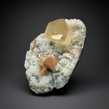 Load image into Gallery viewer, XXL Museum-Quality Golden Optical Calcite & Red Heulandite Encrusted Pink Stilbite on Druzy Chalcedony | India | Mineral Display Showpiece Specimen