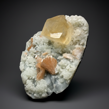 Load image into Gallery viewer, XXL Museum-Quality Golden Optical Calcite & Red Heulandite Encrusted Pink Stilbite on Druzy Chalcedony | India | Mineral Display Showpiece Specimen