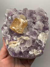 Load image into Gallery viewer, Golden Cubic Calcite on Amethyst Cluster | Maharashtra, India (Collector Specimen)