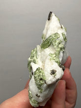 Load image into Gallery viewer, Electric Green Diopside on Quartz – Collector Mineral Specimen (Gilgit-Baltistan) Pakistan