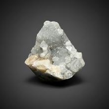 Load image into Gallery viewer, 3.6” Clear Apophyllite + Golden Calcite on Druzy Blue Chalcedony — Deccan Traps, Maharashtra, India