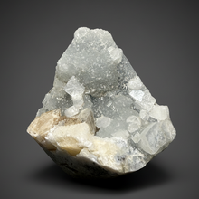 Load image into Gallery viewer, 3.6” Clear Apophyllite + Golden Calcite on Druzy Blue Chalcedony — Deccan Traps, Maharashtra, India