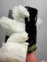 Load image into Gallery viewer, Blue and Green Cap Stak Nala Tourmaline w Double Terminated Quartz on Cleavelandite Matrix – Haramosh Mountains, Pakistan