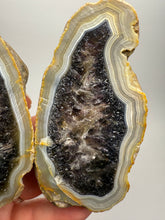 Load image into Gallery viewer, High-Grade Indonesian Sumatra Agate Pair – Rich Banded Chalcedony with Deep Smoky Amethyst Core | Ethical Lapidary & Collector Display Specimens
