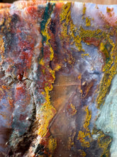 Load image into Gallery viewer, PREMIUM DISPLAY or LAPIDARY SLAB • Moroccan “Dream Landscape Jagate” (Purple, Teal, Red, Green, Red, Yellow & Orange Moss Plume Agate + Jasper) Stone • Double Sided • High Atlas Mountains • Unpolished