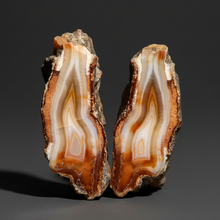 Load image into Gallery viewer, High-Grade Indonesian Sumatra Agate Pair – Vibrant Banded Chalcedony with Rich Color Zoning | Ethical Lapidary & Collector Display Specimens