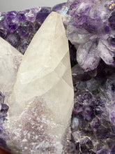 Load image into Gallery viewer, Druzy Amethyst on White Cathedral Calcite on Amethyst Cluster | Uruguay
