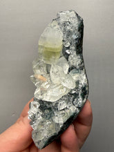 Load image into Gallery viewer, High-Grade Green Apophyllite with Pink Stilbite on Black Chalcedony – Deccan Traps, India