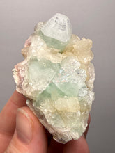 Load image into Gallery viewer, High-Grade Gemmy Green Apophyllite on White Stilbite | Deccan Traps, Maharashtra, India