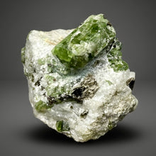 Load image into Gallery viewer, Electric Green Diopside on Quartz – Collector Mineral Specimen (Gilgit-Baltistan) Pakistan