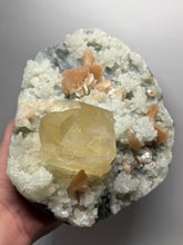 Load image into Gallery viewer, XXL Museum-Quality Golden Optical Calcite & Red Heulandite Encrusted Pink Stilbite on Druzy Chalcedony | India | Mineral Display Showpiece Specimen