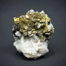 Load image into Gallery viewer, High-Grade Golden Pyrite, Galena & Sphalerite on Quartz | Collector Mineral Specimen | Madan Ore Field, Rhodope Mountains, Bulgaria