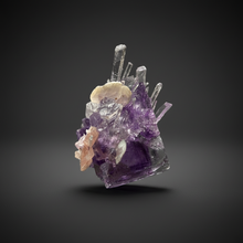 Load image into Gallery viewer, Rhodochrosite + Quartz on Purple Isometric Fluorite (Thumbnail Specimen) | Wutong Mine, China