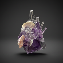 Load image into Gallery viewer, Rhodochrosite + Quartz on Purple Isometric Fluorite (Thumbnail Specimen) | Wutong Mine, China