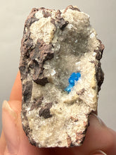 Load image into Gallery viewer, Rare Electric Blue Pentagonite on Druzy Matrix – Collector Mineral Specimen | India