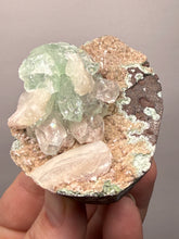Load image into Gallery viewer, Light Mint Green Apophyllite & Stilbite on Pink & Green Heulandite — Deccan Traps, India