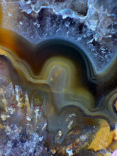 Load image into Gallery viewer, High-Grade Indonesian Sumatra Agate Pair – Vibrant Banded Chalcedony with Rich Color Zoning, Pseudomorphs, Sticks, Inclusions, Druzy Quartz Pocket | Ethical Lapidary & Collector Display Specimens