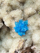 Load image into Gallery viewer, Rare Electric Blue Pentagonite on Druzy Matrix – Collector Mineral Specimen | India