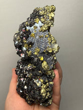 Load image into Gallery viewer, 6.1” New Find: Huanzala Mine Peru Sphalerite + Chalcopyrite + Apatite + Calcite + Quartz | Collector Display Specimen