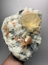 Load image into Gallery viewer, XXL Museum-Quality Golden Optical Calcite & Red Heulandite Encrusted Pink Stilbite on Druzy Chalcedony | India | Mineral Display Showpiece Specimen