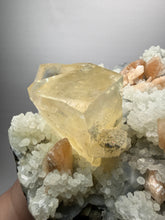 Load image into Gallery viewer, XXL Museum-Quality Golden Optical Calcite & Red Heulandite Encrusted Pink Stilbite on Druzy Chalcedony | India | Mineral Display Showpiece Specimen