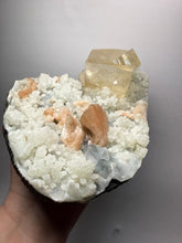 Load image into Gallery viewer, XXL Museum-Quality Golden Optical Calcite & Red Heulandite Encrusted Pink Stilbite on Druzy Chalcedony | India | Mineral Display Showpiece Specimen