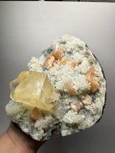 Load image into Gallery viewer, XXL Museum-Quality Golden Optical Calcite & Red Heulandite Encrusted Pink Stilbite on Druzy Chalcedony | India | Mineral Display Showpiece Specimen