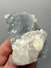 Load image into Gallery viewer, Clear Apophyllite + Golden Calcite on Druzy Blue Chalcedony — Deccan Traps, Maharashtra, India