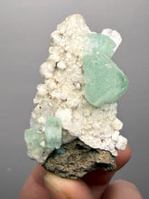 Load image into Gallery viewer, High-Grade Gemmy Green Apophyllite on White Stilbite | Deccan Traps, Maharashtra, India