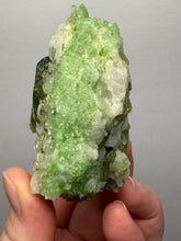 Load image into Gallery viewer, Electric Green Diopside on Quartz – Collector Mineral Specimen (Gilgit-Baltistan) Pakistan