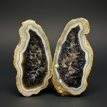 Load image into Gallery viewer, High-Grade Indonesian Sumatra Agate Pair – Rich Banded Chalcedony with Deep Smoky Amethyst Core | Ethical Lapidary & Collector Display Specimens