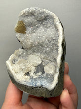 Load image into Gallery viewer, 3.7” Clear Apophyllite + Golden Calcite on Druzy Blue Chalcedony Stalactites— Deccan Traps, Maharashtra, India