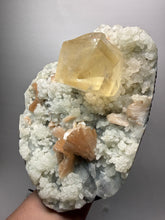 Load image into Gallery viewer, XXL Museum-Quality Golden Optical Calcite & Red Heulandite Encrusted Pink Stilbite on Druzy Chalcedony | India | Mineral Display Showpiece Specimen