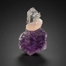Load image into Gallery viewer, Rhodochrosite + Quartz on Purple Isometric Fluorite (Thumbnail Specimen) | Wutong Mine, China