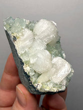 Load image into Gallery viewer, High-Grade Gemmy Green Apophyllite on White Stilbite | Deccan Traps, Maharashtra, India