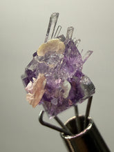 Load image into Gallery viewer, Rhodochrosite + Quartz on Purple Isometric Fluorite (Thumbnail Specimen) | Wutong Mine, China