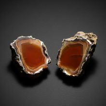 Load image into Gallery viewer, Indonesian Sumatra Agate Pair – Vibrant Banded Chalcedony with Rich Color Zoning | Ethical Lapidary & Collector Display Specimens