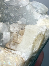 Load image into Gallery viewer, 3.6” Clear Apophyllite + Golden Calcite on Druzy Blue Chalcedony — Deccan Traps, Maharashtra, India