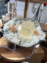 Load image into Gallery viewer, XXL Museum-Quality Golden Optical Calcite & Red Heulandite Encrusted Pink Stilbite on Druzy Chalcedony | India | Mineral Display Showpiece Specimen