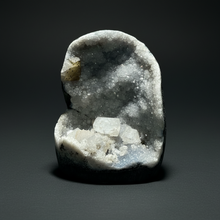 Load image into Gallery viewer, 3.7” Clear Apophyllite + Golden Calcite on Druzy Blue Chalcedony Stalactites— Deccan Traps, Maharashtra, India