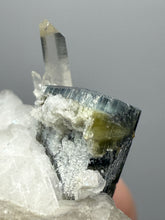 Load image into Gallery viewer, Self-healed Blue and Green Cap Stak Nala Tourmaline w Double Terminated Quartz on Cleavelandite Matrix – Haramosh Mountains, Pakistan