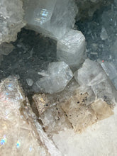 Load image into Gallery viewer, 3.6” Clear Apophyllite + Golden Calcite on Druzy Blue Chalcedony — Deccan Traps, Maharashtra, India