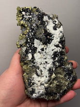 Load image into Gallery viewer, 6.1” New Find: Huanzala Mine Peru Sphalerite + Chalcopyrite + Apatite + Calcite + Quartz | Collector Display Specimen