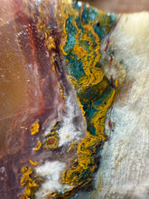 Load image into Gallery viewer, PREMIUM DISPLAY or LAPIDARY SLAB • Moroccan “Dream Landscape Jagate” (Purple, Teal, Red, Green, Red, Yellow & Orange Moss Plume Agate + Jasper) Stone • Double Sided • High Atlas Mountains • Unpolished