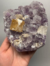 Load image into Gallery viewer, Golden Cubic Calcite on Amethyst Cluster | Maharashtra, India (Collector Specimen)