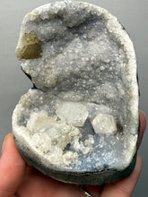 Load image into Gallery viewer, 3.7” Clear Apophyllite + Golden Calcite on Druzy Blue Chalcedony Stalactites— Deccan Traps, Maharashtra, India